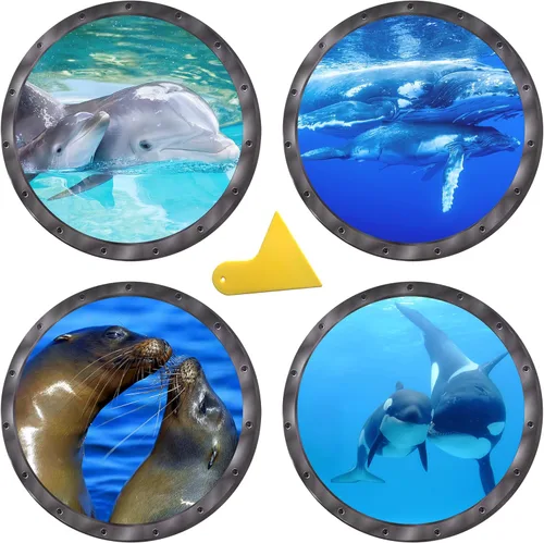 Vista 13 de OTDCGI Calcomanías adhesivas redondas 3D para ventana de ojo de buey de 11 pulgadas, tema oceánico (tortuga marina, tiburón, delfín), calcomanías