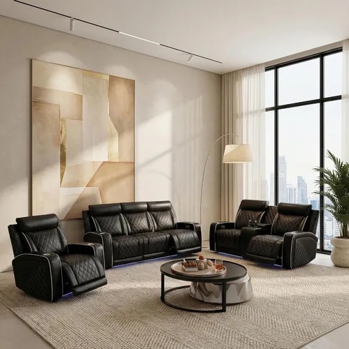 Vista 13 de Juego de sofá reclinable eléctrico con LED, juego de sofá reclinable de cuero, juego de muebles de sala con carga USB