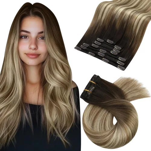 Vista 10 de Moresoo Extensiones de cabello humano con clip, balayage, color marrón oscuro a marrón dorado con clip, extensiones de cabello humano con clip, 5
