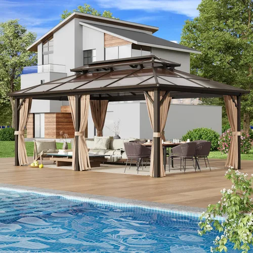 Vista 18 de EROMMY - Kiosco de techo rígido de 12 x 16 pies, kiosco de techo doble de acero galvanizado con marco de aluminio, permanente, de metal