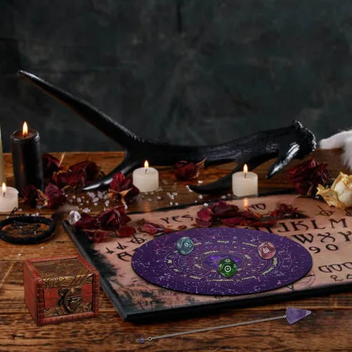 Vista 7 de Knana 6 piezas Tablero de péndulo para adivinación - Péndulo de cristal para dowsing, dados de tarot dados de astrología con caja, suministros