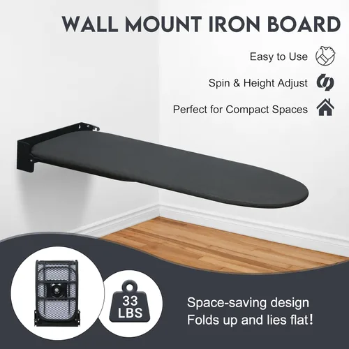 Vista 2 de Tabla de planchar para montar en la pared, compacta que ahorra espacio, tabla de hierro plegable para cuarto de lavado, 36 x 12 pulgadas, color negro
