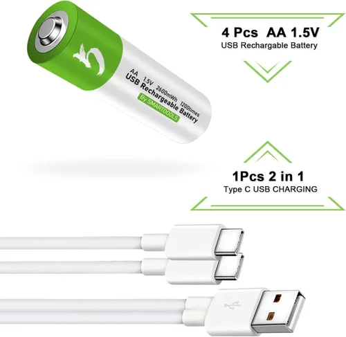 Vista 4 de Paquete de 4 pilas AA, pilas AA recargables, 2600 mwh con cable de carga USB tipo C 4 en 1, baterías de litio doble A, batería AA de 1.5 V, potencia