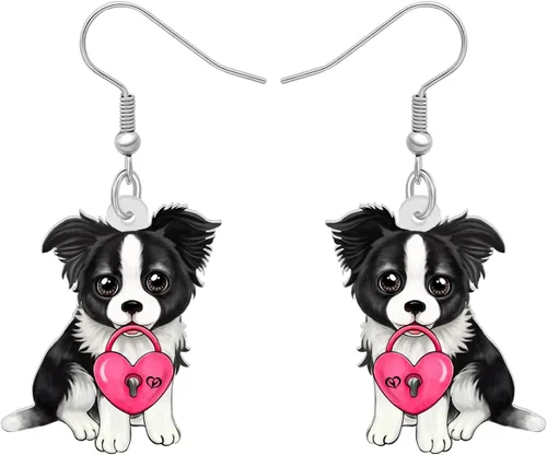 Bonsny Pendientes de acrílico para el día de San Valentín, diseño de corazón rojo, amor, perro pug, joyería colgante para mujer, dijes de regalo