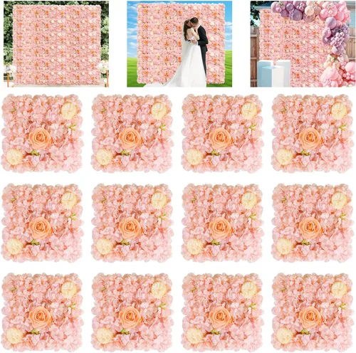 FUHSY Telón de fondo de pared de flores rosas 3D, 12 paquetes de 15 x 15 pulgadas, telón de fondo de boda de flores artificiales para fotos, fondo