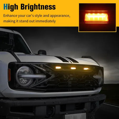 Vista 5 de Kits de parrilla frontal negra brillante con luces LED ámbar para parrilla compatibles con Ford Bronco 2021 2022 2023 2024 2025 2 puertas 4 puertas
