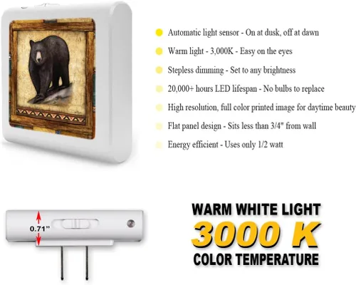 Vista 2 de Luz nocturna LED regulable, impresión rústica de oso negro, enchufable con sensor de atardecer a amanecer, brillo ajustable, ideal para baño