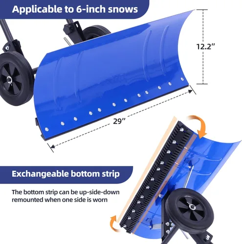 Vista 5 de Ohuhu Pala de nieve para entrada: 2026 Pala de nieve de metal con ruedas de ángulo ajustable mejoradas con hoja grande de 30 x 12 pulgadas