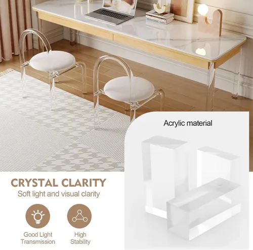 Vista 3 de Silla de tocador transparente moderna, sillas de comedor transparentes con tapicería de terciopelo blanco, silla de acrílico transparente sin brazos