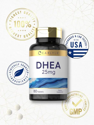 Vista 6 de Carlyle Suplemento DHEA para mujeres y hombres 25 mg 180 tabletas Vegetariano, sin OMG y sin gluten