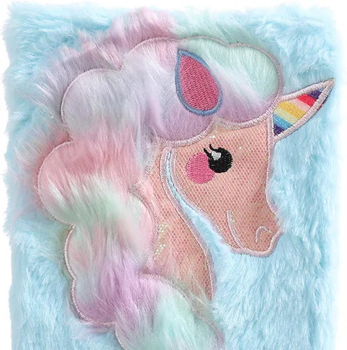 Vista 2 de BOLLEY JOSS Cuaderno de unicornio arcoíris para niños, diario de felpa para niñas y adolescentes, bloc de escritura con forro A5, 160 páginas Azul
