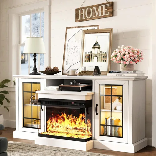 Vista 15 de MXV Soporte de TV con chimenea de 59 pulgadas, centro de entretenimiento estilo granja con soporte de TV de vidrio de 3 lados, mesa consola