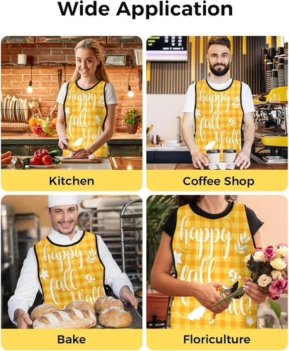 Vista 6 de Happy Fall Leaf Yall Cobbler Aprons with 2 Pockets for Women Men, Thanksgiving Autumn Orange Plaid Wheat
