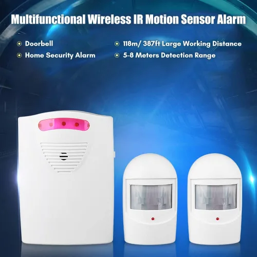 Vista 2 de Alarma de entrada inalámbrica multifuncional IR sensor de movimiento alarma timbre 1 receptor 2 transmisores para uso en el hogar al aire libre