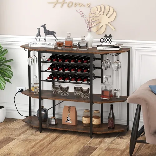 Vista 9 de COSTWAY Armario para bar de vinos, gabinete de licor de 3 niveles con tomas de corriente, estantes para botellas de vino, soportes de vidrio, Marrón