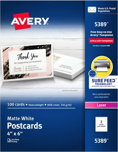 Avery Tarjetas postales imprimibles con tecnología Sure Feed, 4 x 6 pulgadas, blancas, 100 tarjetas postales en blanco para impresoras láser (5389)