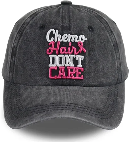 Chemo Hair Don't Care Gorra de béisbol para hombres y mujeres, ajustable algodón lavado bordado 3D con cinta rosa