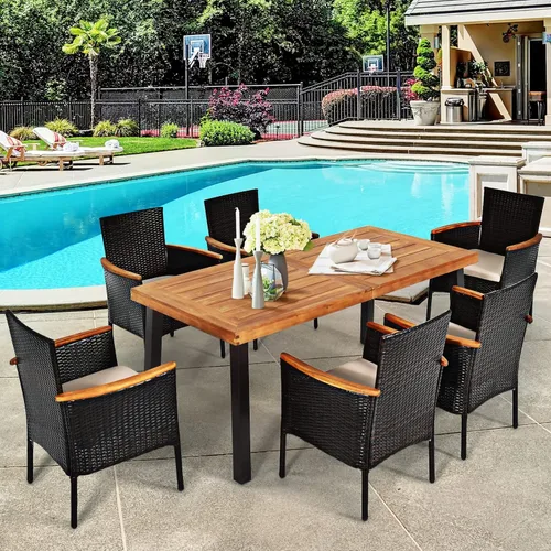 Vista 4 de Tangkula Patiojoy - Juego de comedor de 7 piezas, juego de conversación al aire libre con mesa superior de madera de acacia y 6 sillas apilables