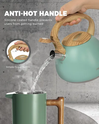 Vista 2 de POLIVIAR Hervidor de té, 2.7 cuartos de galón con acabado azul y mango de madera con silbato fuerte, tetera de acero inoxidable de grado