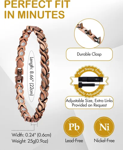 Vista 5 de Feraco Pulseras de cobre para mujer, 99.99 % de cobre puro con imanes de neodimio efectivos, regalo de joyería ajustable con herramienta