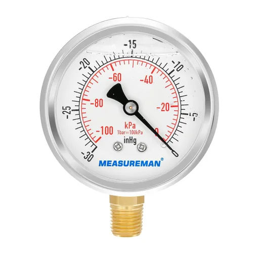 MEASUREMAN - Medidor de presión con esfera de 2.5 pulgadas, relleno de glicerina, caja de acero inoxidable, latón interior, 30inHg/-100kpa-0,