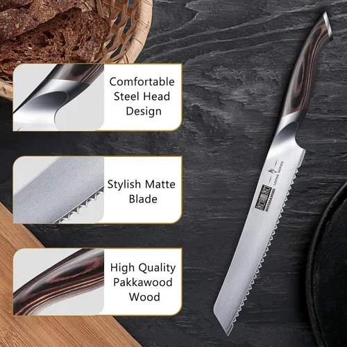 Vista 4 de HOSHANHO Cuchillo de pan de 8 pulgadas, cuchillo de pan serrado japonés de acero inoxidable de alto carbono, cuchillo profesional para cortar pan
