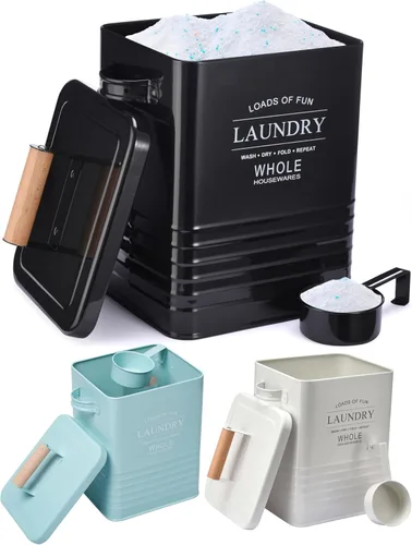 Whole Housewares Contenedor de detergente para ropa – Dispensador de jabón en polvo de lavandería de metal con cucharón, tapa hermética y asas,