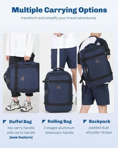 Vista 6 de Hynes Eagle Mochila rodante de 42 L con ruedas, mochila de viaje aprobada para vuelos, equipaje de mano, mochila de equipaje, Azul oscuro, Mochilas