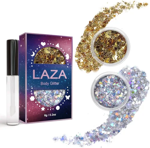 Laza Purpurina corporal, 2 tarros de lentejuelas gruesas holográficas con pegamento de purpurina, perfecto para mujeres, sombra de ojos, maquillaje,