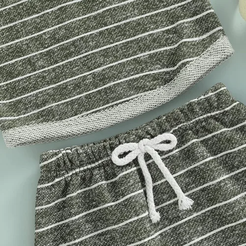 Vista 7 de Conjunto de ropa de verano para bebés y niños pequeños, a rayas, liso/teñido anudado, sin mangas, sudadera con bolsillo y pantalones cortos