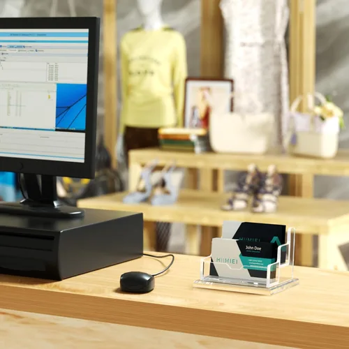 Vista 2 de HIIMIEI Exhibición de tarjetas de visita acrílicas, múltiples tarjeteros para oficina, hogar, restaurante, 2 ranuras, 2 niveles