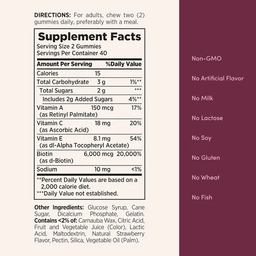 Vista 5 de Nature's Bounty Optimal Solutions Advanced Hair, Skin Nails, 2X Biotina, 80 gomitas de fresa, 40 porciones en total