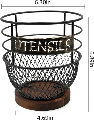 Vista 2 de SODSAI Soporte grande para utensilios en elegante negro mate con base de madera rústica para cocinas modernas, organizador espacioso y resistente al