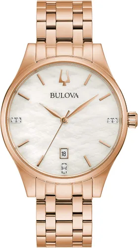 Vista 6 de Bulova Reloj de cuarzo con fecha y calendario de 3 manecillas de acero inoxidable con esfera de diamantes para mujer Plateado