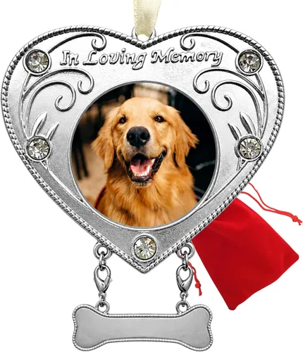 Adorno conmemorativo para perros con marco de fotos, adorno de Navidad conmemorativo para mascotas, recuerdo colgante en forma de corazón con