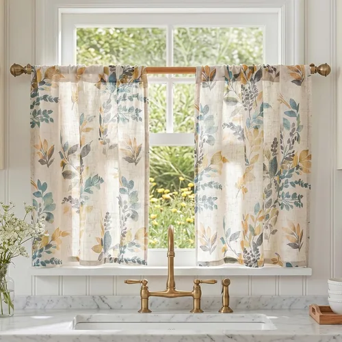 Vista 30 de MYSKY HOME Cortinas de lino floral para puerta francesa de 40 pulgadas de largo, 2 paneles para filtrar la luz de la puerta delantera, cortinas