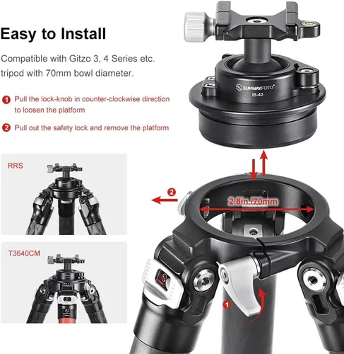 Vista 4 de Sunwayfoto IB-40S Cabeza de bola sistemática de perfil bajo de 1.575 in para trípode con bloqueo de palanca y abrazadera compatible con Arca/RRS