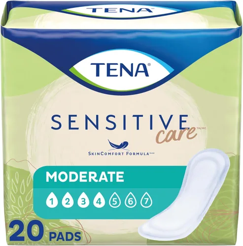 TENA - Toallas para incontinencia, control de vejiga y posparto, para mujeres, absorción moderada, longitud regular, Sensitive Care, 20 unidades