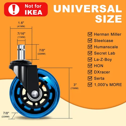 Vista 4 de Ruedas para Reemplazo de Rodajas de Silla de Oficina - Ruedas de Goma de 3" para Rodajas de Escritorio de Computadora y Gaming, Rodamiento Suave