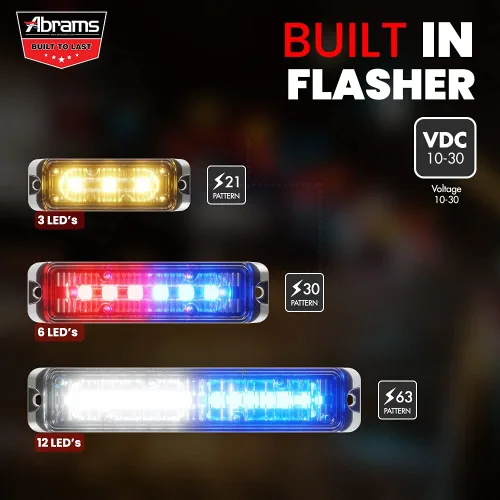 Vista 5 de Abrams Serie Flex (Azul) 9W - 3 LED para Vehículo de la Policía EMS EMT, Luz de Rejilla LED para Camión, Luz de Advertencia Estroboscópica