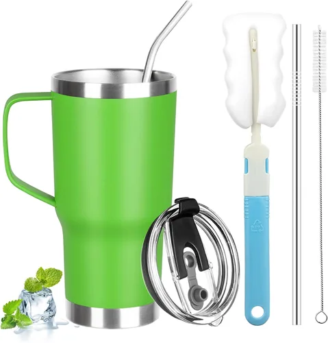 Vista 21 de Vaso de 20 onzas con asa, vaso aislado de acero inoxidable con tapa y pajilla, taza de café aislada al vacío de doble pared, taza térmica de café