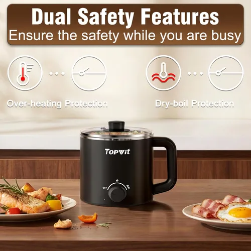 Vista 6 de Topwit Olla eléctrica, olla eléctrica, olla ramen de 1.6 L, olla eléctrica multifuncional para pasta, shabu-shabu, avena, sopa y huevo