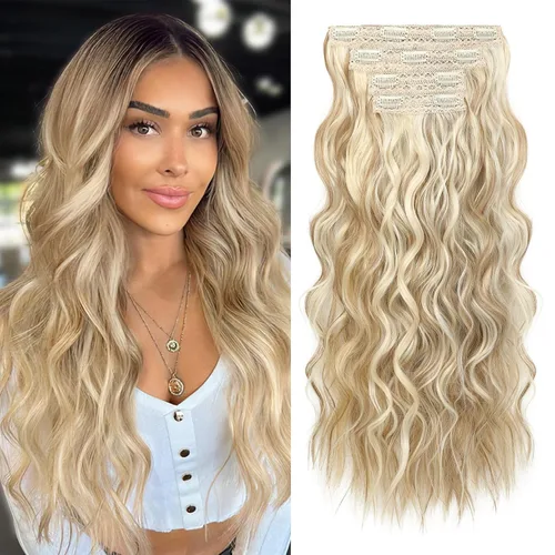 Vista 24 de REECHO Extensiones de cabello con pinza, 4 piezas de extensiones de cabello rubio de 24" de largo, ondas de playa gruesas, HE003, trama de encaje
