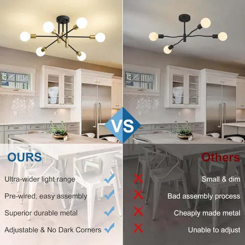 Vista 7 de Biewalk Lámpara de Araña Moderna Luminaria de Techo, Candelabros de Comedor Sputnik de 6 Luces de 31.18" Dorado y Negro sobre Mesa, Luminarias