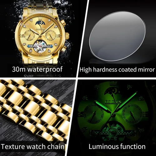 Vista 4 de OLEVS Relojes automáticos para hombre, impermeable, vestido de lujo, cuerda automática, esqueleto mecánico, tourbillon, fase lunar, acero