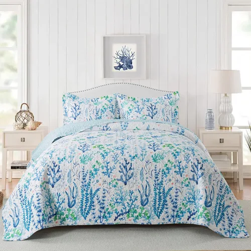 Vista 32 de NEWLAKE - Juego de cubrecama reversible de microfibra bordada con patrón floral en relieve en jacquard beige, tamaño queen