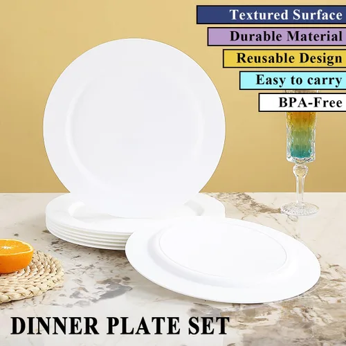 Vista 3 de Berglander Juego de 8 platos de plástico blanco de 10 pulgadas, platos planos reutilizables, platos de ensalada, cuencos para pasta, juego de platos