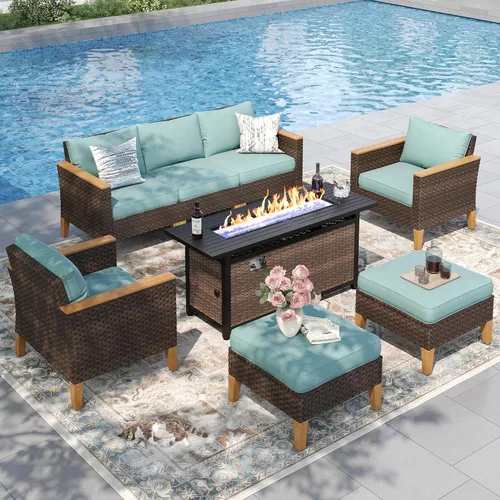 Vista 14 de PHI VILLA Otomana de mimbre para patio, 2 piezas, asiento otomano de mimbre para todo tipo de clima, reposapiés para exteriores con cojines