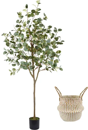 Vista 10 de Warmplants Árbol de eucalipto artificial, hojas de seda verde de 4 pies de alto, planta sintética perfecta con canasta, árboles de eucalipto falsos