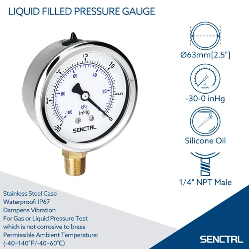Vista 2 de SENCTRL Medidor de baja presión relleno de líquido de aceite de silicona al vacío de 30 inHg, tamaño de dial de 2.5", montaje inferior NPT de 1/4
